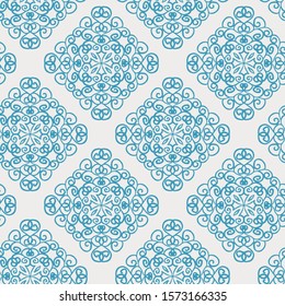 Blue damask ornate seamless pattern from flourishing curves. Victorian rich filigree curled swirl clipart. Vector repeat design for background or surface design.