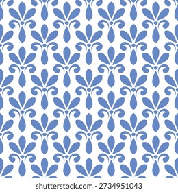 Blue damask pattern with elegant floral ornaments on white background. Seamless blue damask pattern features classic symmetrical arrangement of minimalist petals and curls. Sophisticated vintage design displays timeless blue damask pattern for luxury decor.