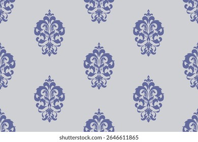 Blue Damask Seamless Pattern on Light Grey Background
