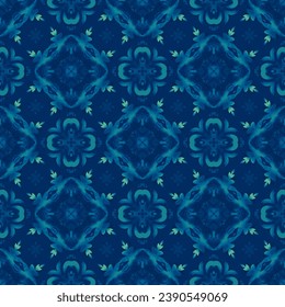 Blue damask vector graphic design. Abstract seamless pattern. Gorgeous navy blue ceramic vector. Tiling wall mosaic fill.