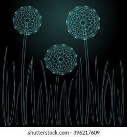 Blue dandelions on the black background. Vector illustration