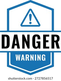 Selo azul de aviso de perigo com ícone de ponto de exclamação, sinal de segurança industrial profissional e emblema de alerta de segurança, rótulo de vetor de risco de proteção