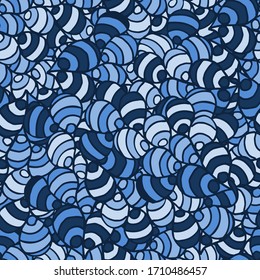 Blue And Dark Blue Abstract Seamless Pattern. Hand-Drawn Illustration With Stripes. Ethnic Floral Background With Blue Leaves.