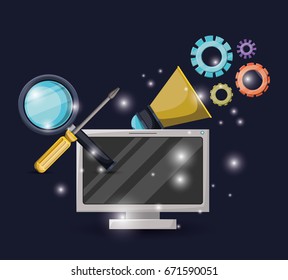 blue dark background with brightness of display computer and gears mechanism with magnifying glass and screwdriver tool vector illustration