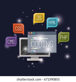 blue dark background with brightness of display computer and program window coding with textbox web programming language codes vector illustration