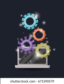 blue dark background with brightness of laptop and gears mechanism vector illustration