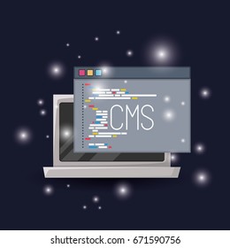 blue dark background with brightness of laptop and program window cms programming language vector illustration