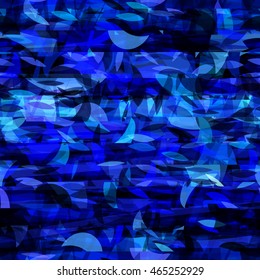 Blue dark background, for fabric, book covers, wrapping paper, home design. Shapeless spots like leaves. Pattern cut into horizontal strips. Overlay, transparent. Abstract seamless vector template.