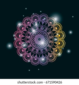 blue dark color background with brightness and colorful brilliant flower mandala vintage decorative ornament vector illustration