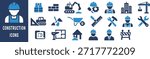 Blue and dark blue construction icons including excavator crane buildings workers tools vector 1