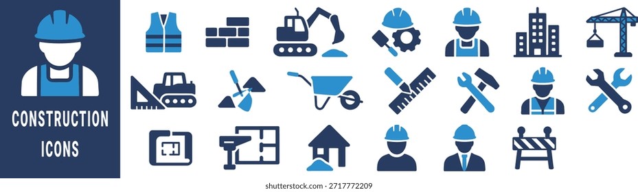 Blue and dark blue construction icons including excavator crane buildings workers tools vector 1
