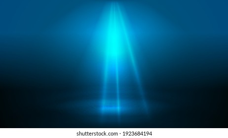Blue and dark digital neon room with copy space in dark room. Futuristic background of blue empty stage and neon lighting of spotlights