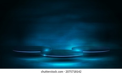Blue and dark digital scene with 3d realistic empty dark podiums for product presentation