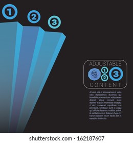 Blue dark edition of three 3d designed step style corner point composed background illustration element for web for print, for a minimal layout, or vertical ordered simple menu for universal use