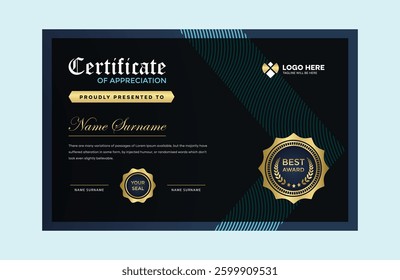 Blue Dark and Golden Gradient Elegant Certificate Design Template