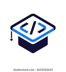 A blue and dark blue graduation cap with code brackets, symbolizing coding education and professional tech development