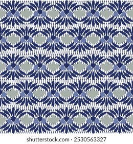 Azul, azul oscuro, bordado gris, motivo étnico ikat inconsútil ilustración textil, estampado de rayas ornamento, patrón, diseño para envolver, seda, bufanda, ropa, fondo, textil, alfombras, cortinas.