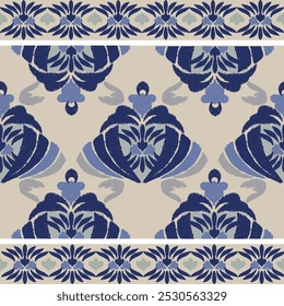 Azul, azul oscuro, bordado gris, motivo étnico ikat inconsútil ilustración textil, estampado de rayas ornamento, patrón, diseño para envolver, seda, bufanda, ropa, fondo, textil, alfombras, cortinas.