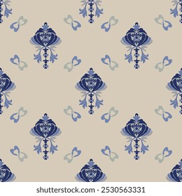 Azul, azul oscuro, bordado gris, motivo étnico ikat inconsútil ilustración textil, estampado de rayas ornamento, patrón, diseño para envolver, seda, bufanda, ropa, fondo, textil, alfombras, cortinas.