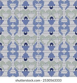 Azul, azul oscuro, bordado gris, motivo étnico ikat inconsútil ilustración textil, estampado de rayas ornamento, patrón, diseño para envolver, seda, bufanda, ropa, fondo, textil, alfombras, cortinas.