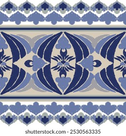 Azul, azul oscuro, bordado gris, motivo étnico ikat inconsútil ilustración textil, estampado de rayas ornamento, patrón, diseño para envolver, seda, bufanda, ropa, fondo, textil, alfombras, cortinas.