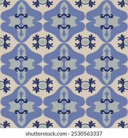 Azul, azul oscuro, bordado gris, motivo étnico ikat inconsútil ilustración textil, estampado de rayas ornamento, patrón, diseño para envolver, seda, bufanda, ropa, fondo, textil, alfombras, cortinas.