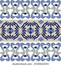 Azul, azul oscuro, bordado gris, motivo étnico ikat inconsútil ilustración textil, estampado de rayas ornamento, patrón, diseño para envolver, seda, bufanda, ropa, fondo, textil, alfombras, cortinas.