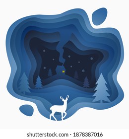 Blue Dark Night Papercut House in The Winter Season Vector
