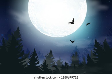 Blue dark Night sky background with full moon, clouds and stars