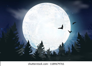 Blue dark Night sky background with full moon, clouds and stars