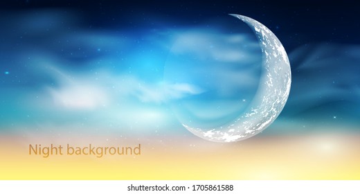 Blue dark Night sky background with half moon, clouds and stars. Moonlight night. Vector illustration. Milkyway cosmos background