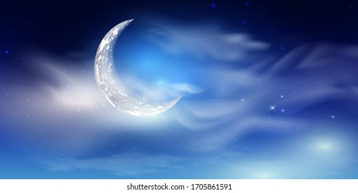 Blue dark Night sky background with half moon, clouds and stars. Moonlight night. Vector illustration. Milkyway cosmos background