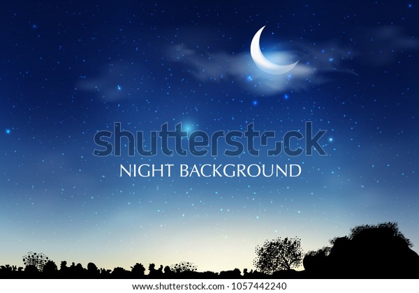 半月 雲 星のある青い暗い夜空の背景 月夜 ベクターイラスト ミルキーウェイコスモス背景 のベクター画像素材 ロイヤリティフリー