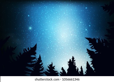 Blue dark night sky with many stars above field of trees. Milky way cosmos background. Space landscape.