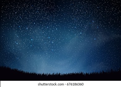 Blue Dark Night Sky With Lot Of Shiny Stars, Clouds  Natural Background Above Field Of Grass. Vector Illustration. 