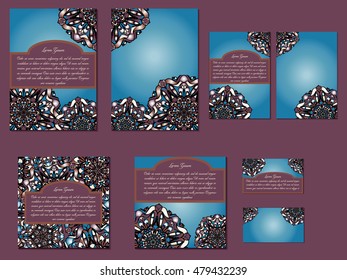 Blue and dark red set of brochures or invitations and business cards. Nice hand-drawn illustration