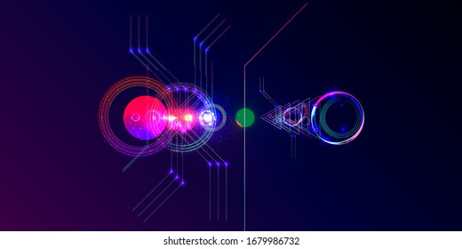 Blue dark retro futuristic neon abstraction background cosmos. Vector technology lines connect of future on dark blue background