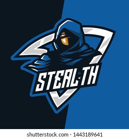 Blue Darkness Ninja Stealth Mascot Emblem Badge Esport Logo Game Design. Identity for gamer streamer team club