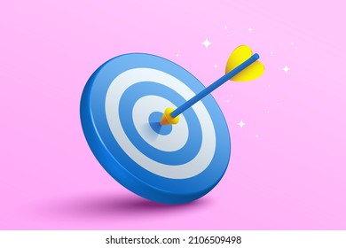 Blue dart hit to center of dartboard. Arrow on bullseye in target. Business success, investment goal, opportunity challenge, aim strategy, achievement focus concept. 3d realistic vector illustration