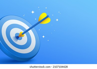 Blue dart hit to center of dartboard. Arrow on bullseye in target. Business success, investment goal, opportunity challenge, aim strategy, achievement focus concept. 3d realistic vector illustration