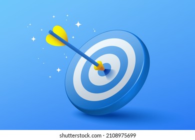 Blue dart hit to center of dartboard. Arrow on bullseye in target. Business success, investment goal, opportunity challenge, aim strategy, achievement focus concept. 3d realistic vector illustration