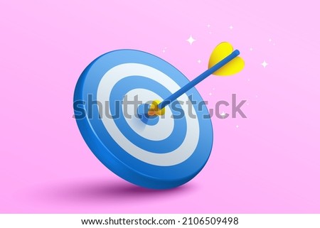 Blue dart hit to center of dartboard. Arrow on bullseye in target. Business success, investment goal, opportunity challenge, aim strategy, achievement focus concept. 3d realistic vector illustration