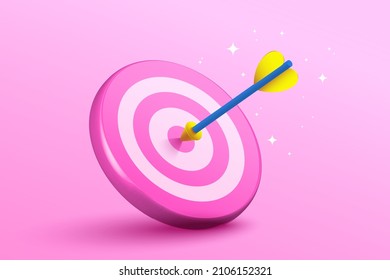 Blue dart hit to center of pink dartboard. Arrow on bullseye in target. Business success, investment goal, opportunity challenge, aim strategy, achievement focus concept. 3d vector illustration