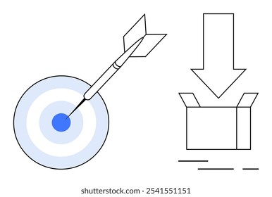 Um dardo azul atingindo o centro de um alvo próximo a uma caixa vazia com uma seta para baixo acima. Ideal para a realização de metas, entrega, e-commerce, logística, precisão. Estilo simples, linear e minimalista