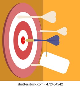 Blue dart on the middle of the target with empty tag. Digital illustration created without reference image.