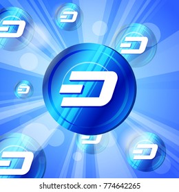 Blue dash coin cryptocurrency in the bright rays of sun effect background