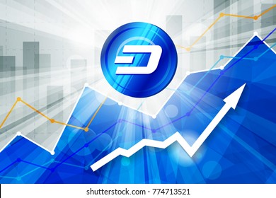 Blue Dash cryptocurrency in the bright rays on background with statistics chart and arrow going up