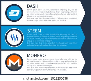 Blue dash, white steem and orange with grey monero round symbols cartoon flat vector illustrations with sample text as description on blue background.