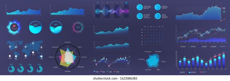 Blue dashboard infographic template. Visualization big data. UI elements set. Online statistics and data analytics. Information panel Mockup and future design. Vector infographics set