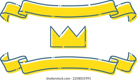 Blue dashed line and yellow cute crown and ribbon frame headline illustration set